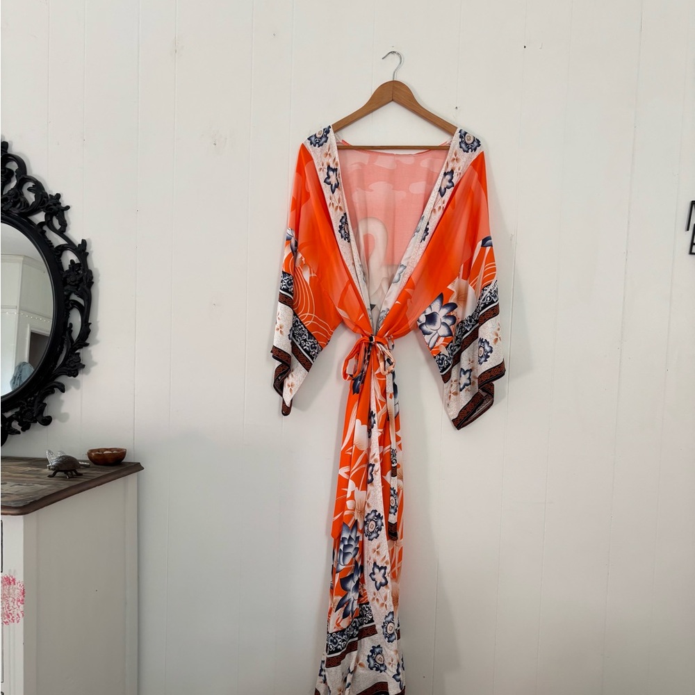 Orange Floral Kimono with Tie Waist
